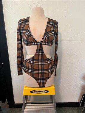 Plaid Brown Cutout Long-Sleeve Bodysuit